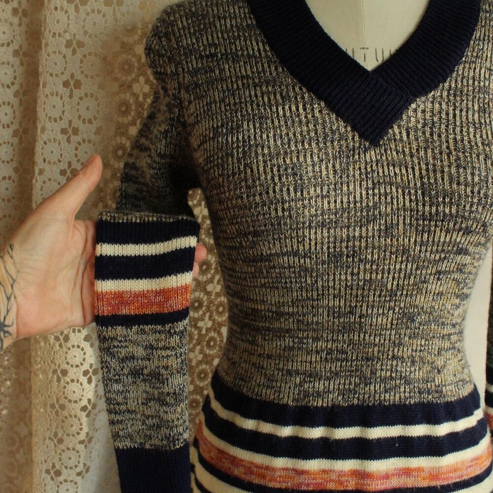 Vintage 1970s Dress, Jon Michael Wool Sweater Dress, Horizontal Striped V Neck - Picture 7 of 13